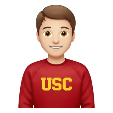 happy pale white man with brown hair in a red sweatshirt with USC in yellow letters sticker