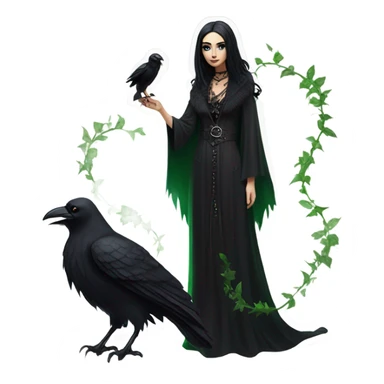 the morrigan goth woman version vines style furr robe stylish boots, perfect eyes, raven on hand, green vines decor on ground sticker