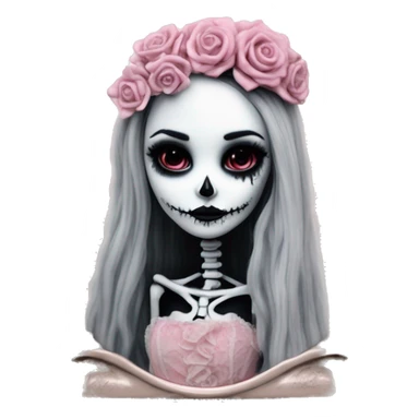PINK LANDSCAPE PICTURE WITH FRAME: full body, hyper realism, full height skeleton, tim burton "corpse bride", thin porcelain doll with a cracked face, goth makeup, long hair, lace and ruffles, lolita style, inked, black and white, red roses sticker