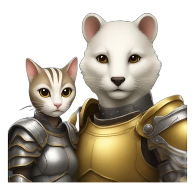 a badger with a lether armour beside a white female cat with a golden armour sticker