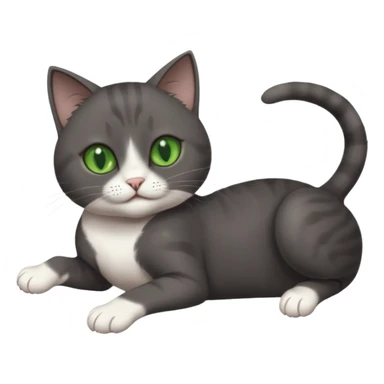dark grey cat with green eyes, white toes/paws and white patch on her chest playfully rolling upside down sticker
