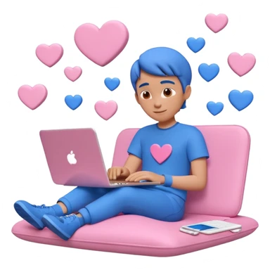 3D clay character relaxed with laptop and coffee, floating icons (envelope, heart, dollar), electric blue (#4A90D9) outfit, pink (#FF6B9D) floating icons, white laptop, Pixar style, transparent background sticker