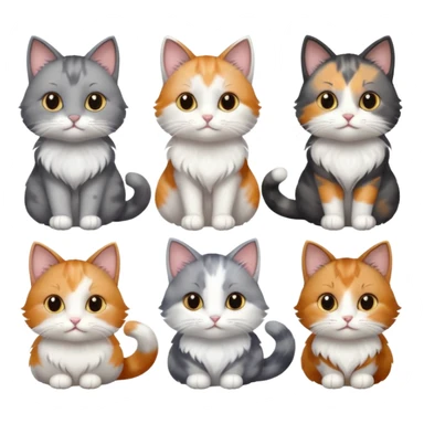 6 realistic looking cats with different natural coloured coats, assorted grey and white, greys, calico, brown and white colours etc
 sticker