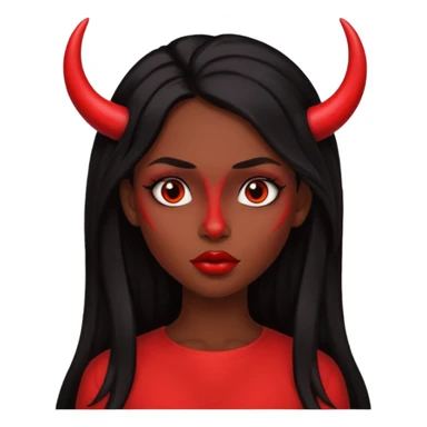 A skin red girl's face with cheekbones, long black hair, small red horns, big lips sticker