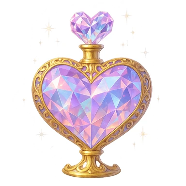 luxurious crystal elixir bottle in heart shape, pastel gradient, lots of shine, facets, ornaments, golden details, magical effects, very small golden neck, transparent background, beautiful merging base, clearly floating in air, no ground or shadow, premium class, matching a collection sticker
