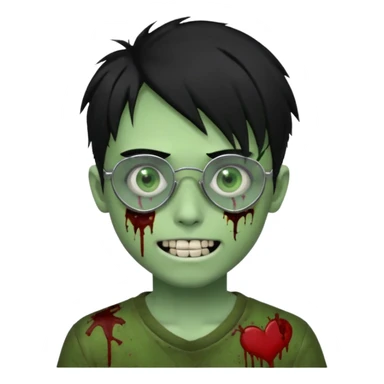 Zombie emo boy, green skin and black hair, chrome heart glasses and a scary smile, scars and blood under eyes sticker