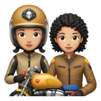 A man motorcyclist and a shorter girl with curly black hair, facing each other. sticker