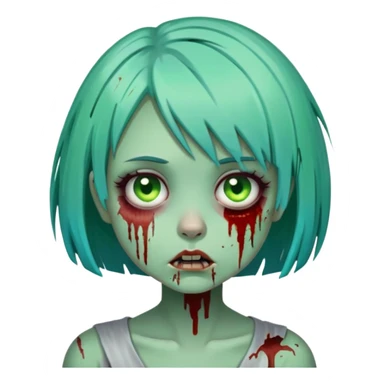 cartoon zombie girl with short turquoise hair bob cut, green decaying skin, bloody scars sticker