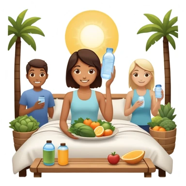 A person in the sun, with a plate of whole foods, water bottle, and glowing bed behind them. Nearby, smiling friends gather—symbolizing balance, healing, and connection through simple daily rituals. sticker