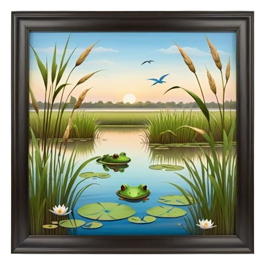 Cinematic Realistic Wetlands Emoji in a wooden frame, Peaceful and serene, with tall grasses swaying in the breeze and soft, muddy waters reflecting the sky above. Small birds and insects flit among the reeds while lily pads float lazily across the surface, punctuated by the occasional croak of a frog or splash of a fish. Soft glowing outline, capturing the essence of a calm, tranquil wetland brimming with life and natural beauty. sticker