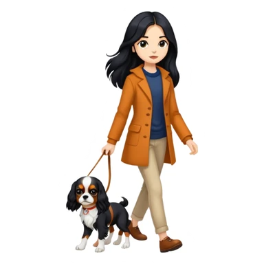 A girl with long black hair walking a Cavalier King Charles Spaniel sticker