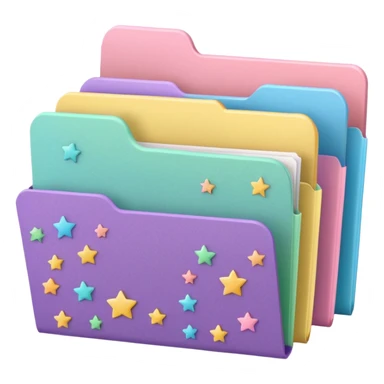 small cute folder icon in soft pastel colors light yellow or peach, slightly open at the top, colorful divider tabs inside peeking out blue green pink purple, white label area on front with word Covers in playful handwriting, small sparkles or stars around folder, emoji style, folder is more squared sticker