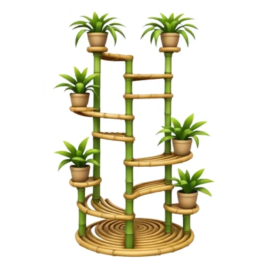 Large futuristic multi-tier multi-level curved spiral step plant rack constructed from thin bamboo poles  sticker