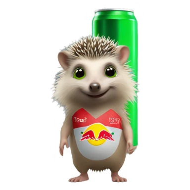 Cute little Hedgehog with green eyes and a Red Bull energy drink  sticker