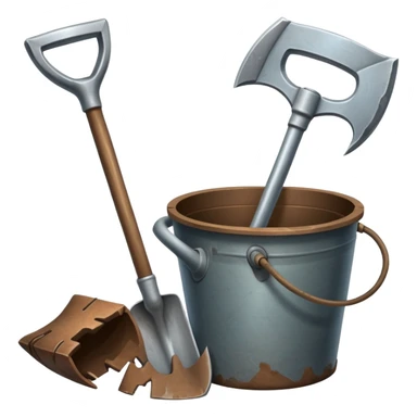 An icon featuring a shovel, pickaxe, and an ancient artifact like a broken pot, symbolizing the essentials of archaeology. The design focuses on the tools of excavation and discovery, recognizable look. Transparent background. sticker