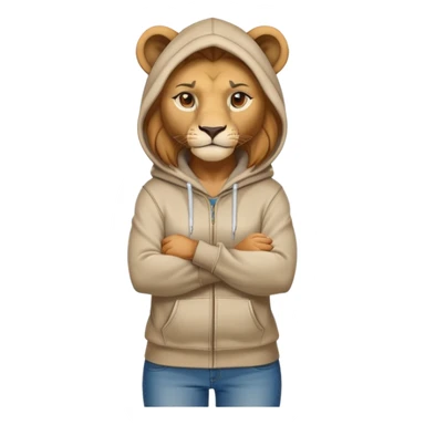 determined anthropomorphised female lion in a hoodie and jeans with arms folded, confident stance sticker