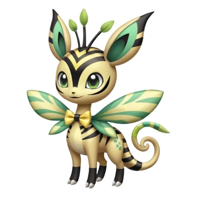 zig-zag-patterned tribal tropical hot spotted striped Meloetta-Celebi-Giratina-Noibat-Pokémon-Fakémon-fusion-hybrid-creature with a bow tie, bracelets, collars, necklaces  sticker