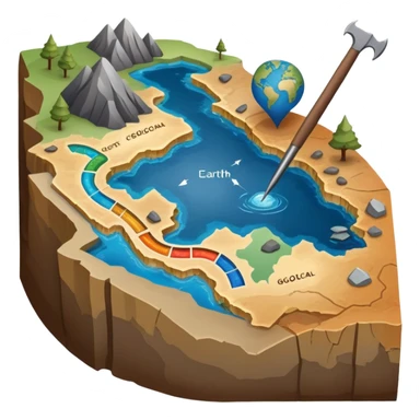 An icon featuring a crowbar and a geological map, and layers of Earth’s crust, symbolizing geology. The design includes mineral samples, fossils, and tectonic plates, representing the study of Earth’s structure and natural processes. Transparent background highlights geological exploration sticker