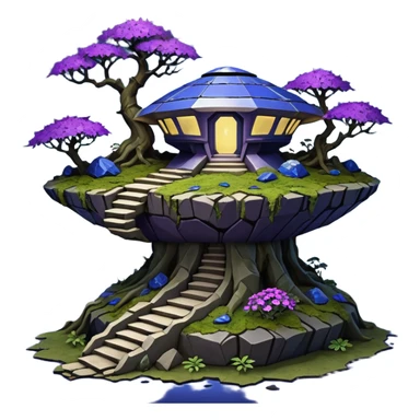 Crashed Alien saucer-castle jungle winding footpath mountainside getaway haunted nighttime hobbit landscape antique mudman very old broken cracked intricate Stone Age lapis-crusted irregular dodecagon-shaped shallow dark moss rough bark violet flowered maple treehouse bonsai Saikei sticker