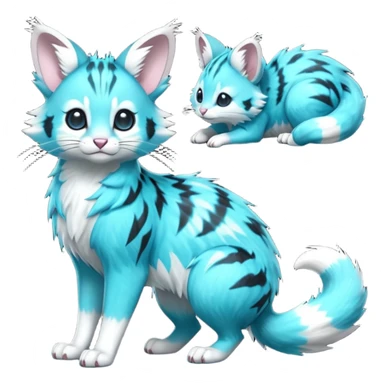 Hyper realistic  neon-cyan fur streaked with lightning-white scars and glassy shine beautiful elegant pretty precious cute  Fakémon-Pokémon-opossum-feline-serval-caracal-chinchilla-Furret-Minccino-hybrid-creature with a big fluffy bushy tail (full body) sticker