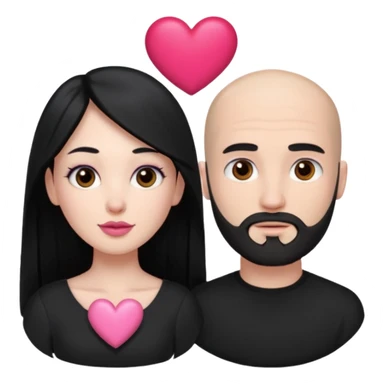 👩🏻‍❤️‍💋‍👨🏻 this one but the man should be bald. white woman with long black hair and white bald young man whoitiut hair and a heart between their heads. she has pink lips and both have brown eyes. he has e full beard but short. both wear black  sticker