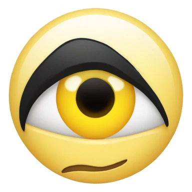 A round yellow emoji with an oversized eye on the left and a straight, black hairstyle partially covering the forehead. The mouth is a neutral line, conveying a sense of indifference or surprise. sticker