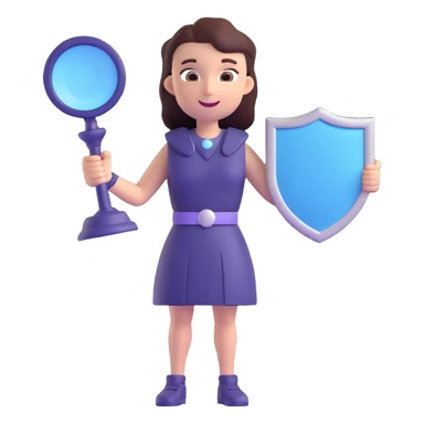3D gender-neutral character, deep navy color, confident smile, holding a speech bubble or megaphone, with a shield or justice scales, glowing soft lavender and sky blue, modern and empowering style sticker