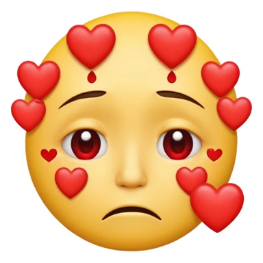 A yellow circular frowning face that is crying, with a dozen hearts floating from top to bottom in front of it sticker