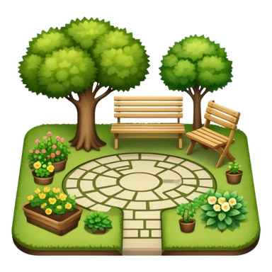 Icon for Landscape Design: a garden layout with trees, plants, pathways, and outdoor furniture, along with design tools like a ruler, pencil and sketchpad. The icon should represent the creativity and planning behind landscape design. Transparent background. sticker