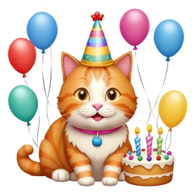Ginger cat celebrates birthday, birthday hat, birthday cake, balloons, happy, gifts sticker