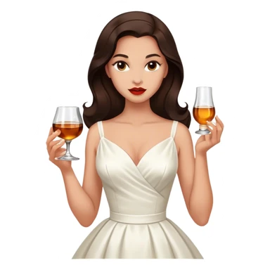 Beautiful woman in 1950’s woman fashion look, white dress, long dark brown hair, whisky with ice sticker