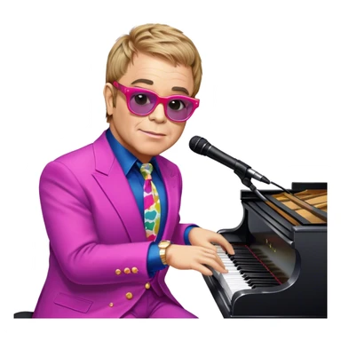 Pop music icon: Elton John at the piano in signature glasses and colorful outfit, George Michael holding a microphone in stylish attire. Stage lights and musical notes in the background. Transparent background. sticker