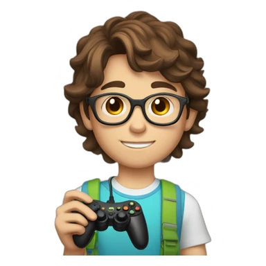 A 12-year-old boy with brown hair and glasses holds a joystick in his hands sticker