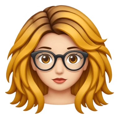 Uma garota de cabelos cacheados compridos e mechas loiras, com pele morena  e óculos sticker