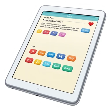 Create an emoji representing fanfiction writing. The design should feature a digital device tablet with visible text, symbolizing the creative process of writing fanfiction. Add a subtle reference to popular fictional characters or universes to indicate the fan aspect. Use a playful, imaginative color palette, blending vibrant tones with soft neutrals. Do not include any emojis or smiley faces. Make the background transparent. sticker