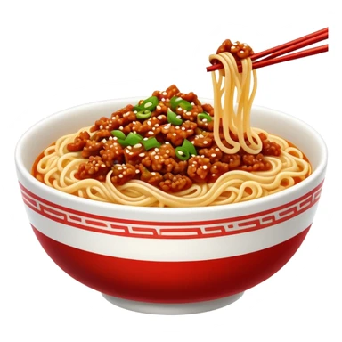 Sichuan Dan Dan Noodles with red chili oil and minced pork, simplified emoji style with bold outlines and bright colors, cartoon style spicy Chengdu street food sticker