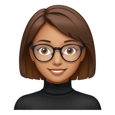 girl with brown short hair ,glasses, brown eyes ,smile,black turtleneck , sticker
