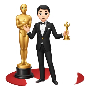 an actor standing on a red carpet with a formal tuxedo, with an oscar in his hand sticker