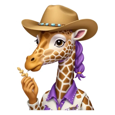 purple cartoon giraffe wearing a white cowgirl hat eating peanuts sticker