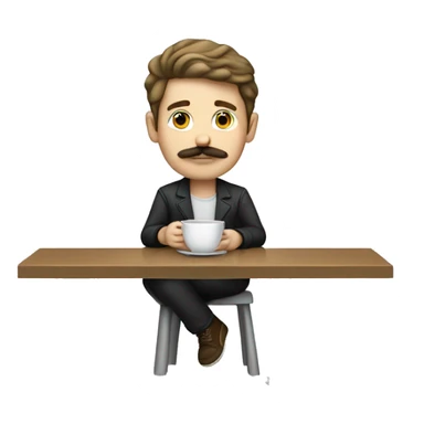 white boy with dark blond hair and a mustache waiting with a cup sticker