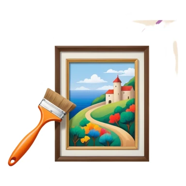 Create an icon that represents the hobby of wall painting, featuring a wall with a beautiful painting in progress. The design should include a paintbrush, a roller, and part of the wall decorated with colorful patterns or a mural. The icon should show the process of creating the artwork, with the brush strokes visible on the wall, symbolizing the artistic nature of the craft. The composition should be balanced and harmonious, evoking creativity and skill. The background should be transparent. sticker