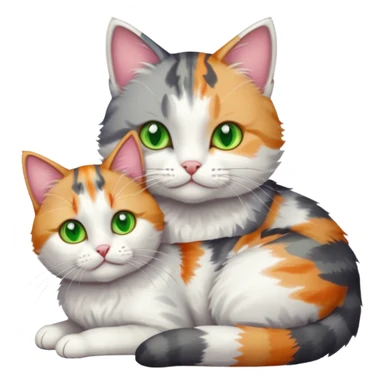 grey and white cat cuddling a colourful light patched calico + white tabby cat sticker