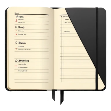 A detailed black Moleskine notebook open flat showing an agenda page with bullet points and a meeting schedule sticker