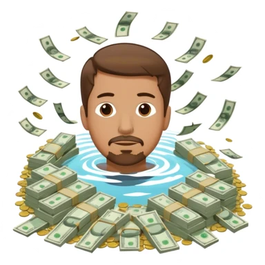 Man with short brown hair and a goatee swimming and a pile of money sticker