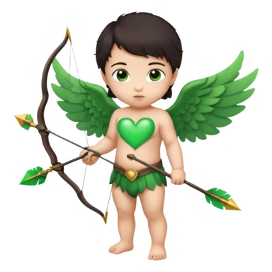 cupid asian baby flying full body with wings with brown eyes and dark hair handled bow and arrow green heart breaker and looking to heart sticker