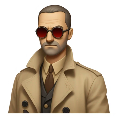 1930s investigator, a Caucasian man with short, buzz cut dark hair and a rough beard, wears tiny red-tinted sunglasses and a dirty beige trench coat. He has a serious demeanor. sticker