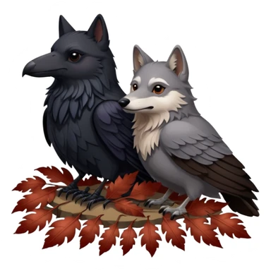 A raven bird and a wolf laying together with Weirwood leaves beneath them  sticker