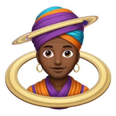 A bold emoji-style illustration with Saturn 🪐 as the dominant element, clearly showing its bright rings. Inside the planet, a stylized man wearing a colorful turban 👳🏾‍♂️, depicted as a mystical or adventurous character, sitting or floating within Saturn, integrated with the planet’s texture. sticker