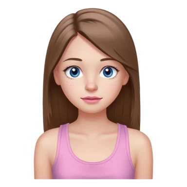 Create a TEENAGE girl with LONG and straight light brunette hair with a MIDDLE PART, light skin, light freckles, and blue-gray eyes. She will have pink lips and LONG eyelashes. She will be wearing a light pink tank top sticker