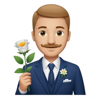 Homme 23 ans léger bouc moustache pas trop épaisse en costume bleu foncé chemise blanche insigne cabin crew portant bouquet fleur blanche souriant  sticker